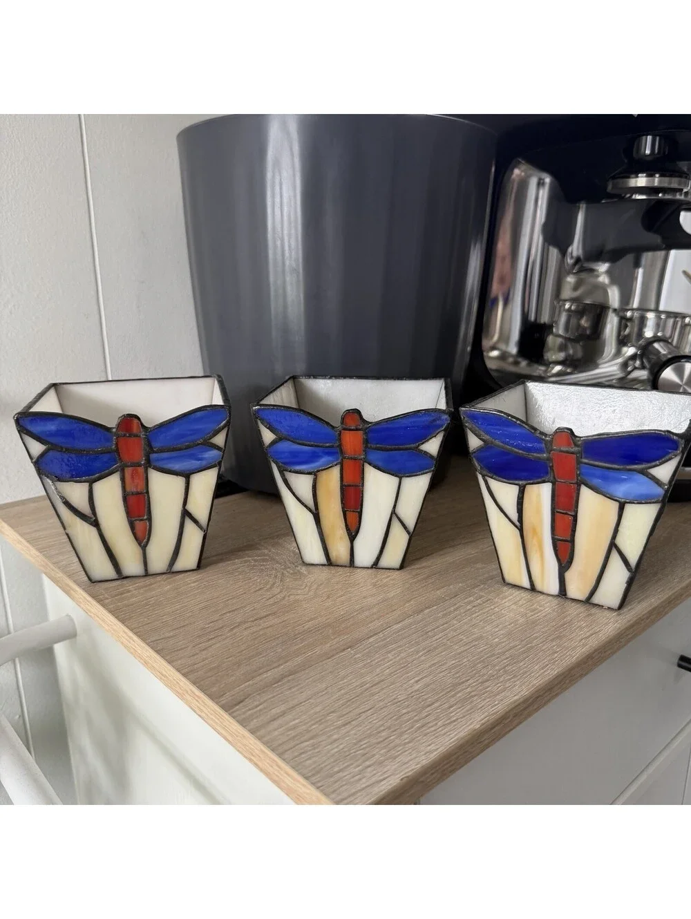 Pier 1 Imports Tiffany Style Dragonfly Stained Glass Candle Holder Set of 3